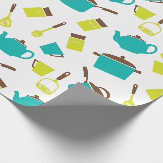 Retro  keukengerei 50s geel blauw cadeaupapier (Hoek)