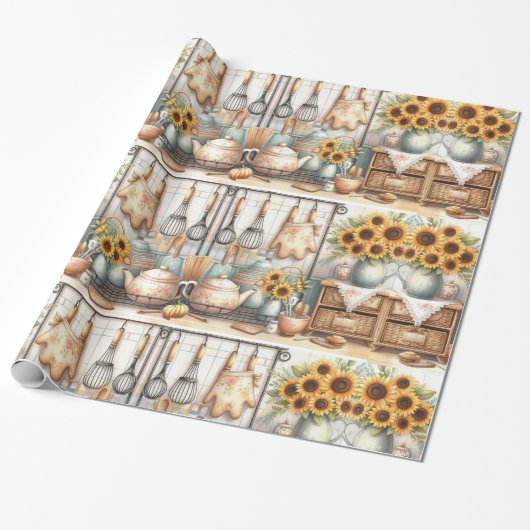 Retro Keukenplank en Zonnebloem Wrapping Paper Cadeaupapier (Uitgerold)