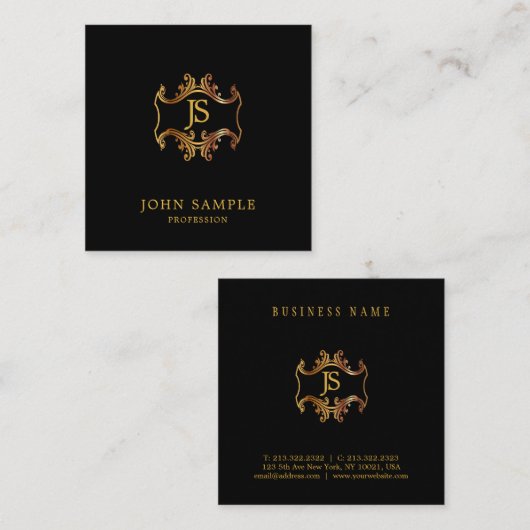 Retro Kijk zwart en gouden artistieke monogram Vierkante Visitekaartje (Voorkant / Achterkant)