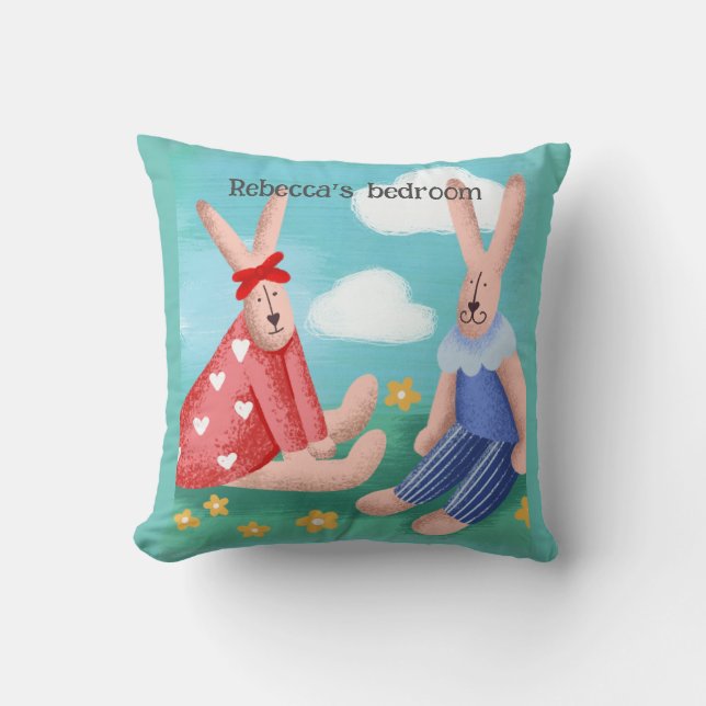 Retro kijkend konijnen met bewerkbare naamkussen/ kussen (Voorkant)