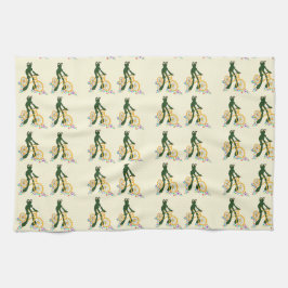 Retro kikker op een fiets met bloemen theedoek