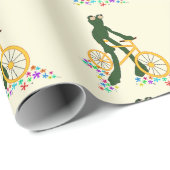 Retro kikker op fiets met bloemen cadeaupapier (Rol Hoek)