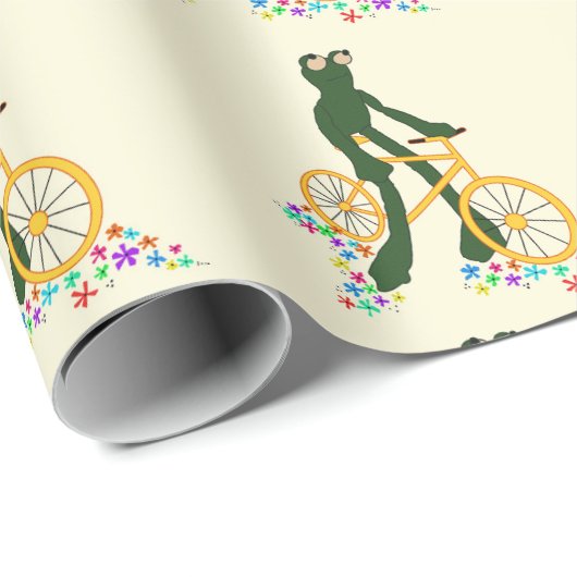 Retro kikker op fiets met bloemen cadeaupapier (Rol Hoek)