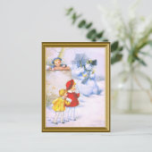 REtro kinder en de sneeuwman Feestdagenkaart (Staand voorkant)