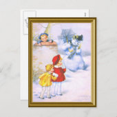 REtro kinder en de sneeuwman Feestdagenkaart (Voorkant / Achterkant)