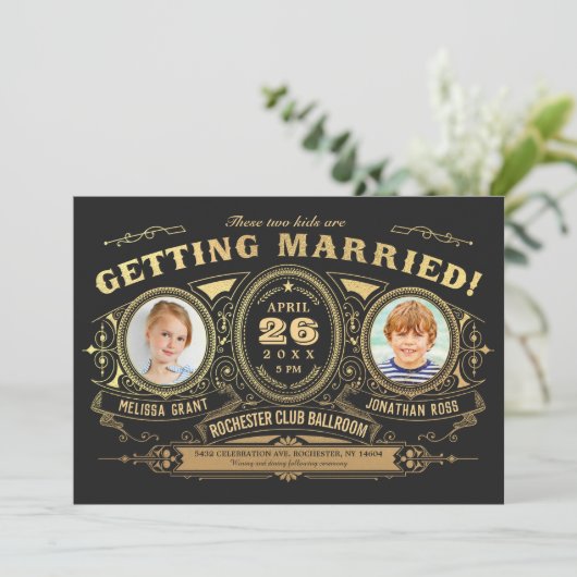  retro Kinder foto bruiloft uitnodigingen Folie (Staand voorkant)