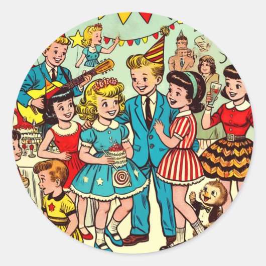Retro Kinder Partij Comics Ronde Sticker (Voorkant)