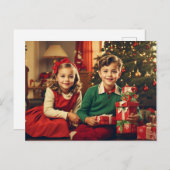 Retro,  kinderen met kerstcadeaus feestdagenkaart (Voorkant / Achterkant)