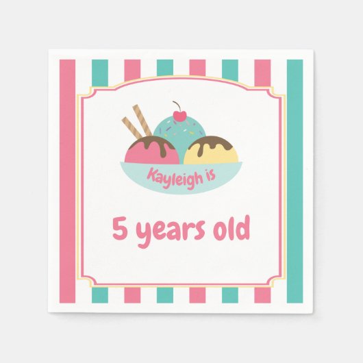 Retro Kinderen Roze Blauwgroen Ice Cream Party Servet (Voorkant)