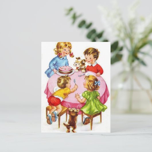  Retro Kinderverjaardagsfeestje Hondenkitten Briefkaart (Staand voorkant)