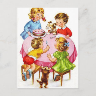  Retro Kinderverjaardagsfeestje Hondenkitten Briefkaart