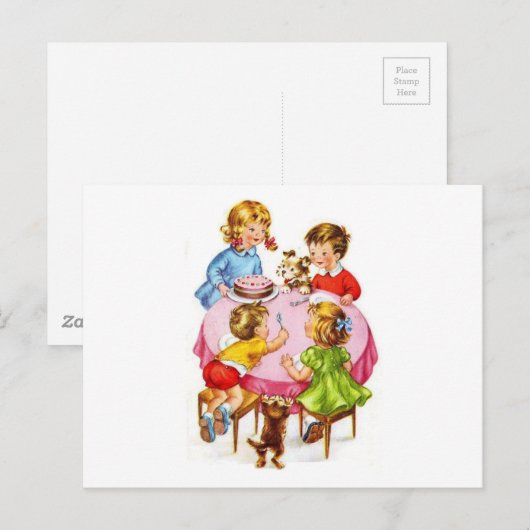  Retro Kinderverjaardagsfeestje Hondenkitten Uitnodiging Briefkaart (Voorkant / Achterkant)