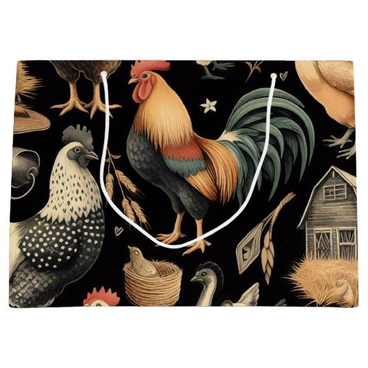 Retro Kip Boerderij Patroon Groot Cadeauzakje (Voorkant)