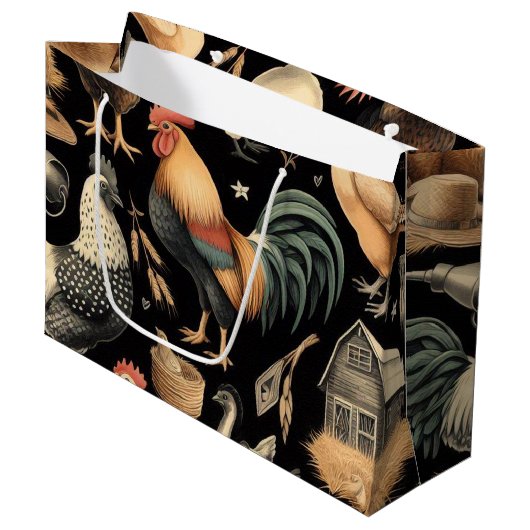 Retro Kip Boerderij Patroon Groot Cadeauzakje (Voorkant Gekanteld)