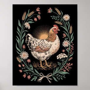 Retro Kip In Bloemrijke Lijst Landelijke Kippenlie Poster