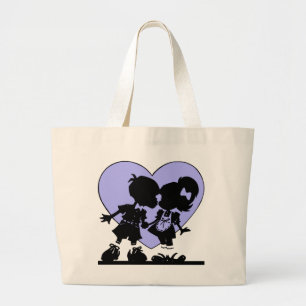 Retro Kiss Cartoon Boy en Girl Blue Grote Tote Bag