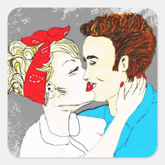 Retro Kissingpaar Vierkante Sticker (Voorkant)