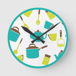 Retro Kitchen-gereedschappen Teapot Pans Ronde Klok