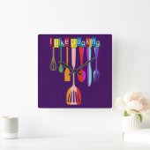 Retro Kitchen Paarse achtergrond Vierkante Klok (Huis)