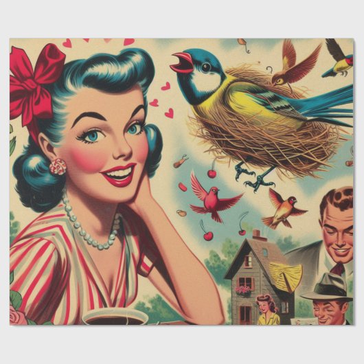 Retro Kitsch 1950s meisje illustratie Cadeaupapier (Vlak)