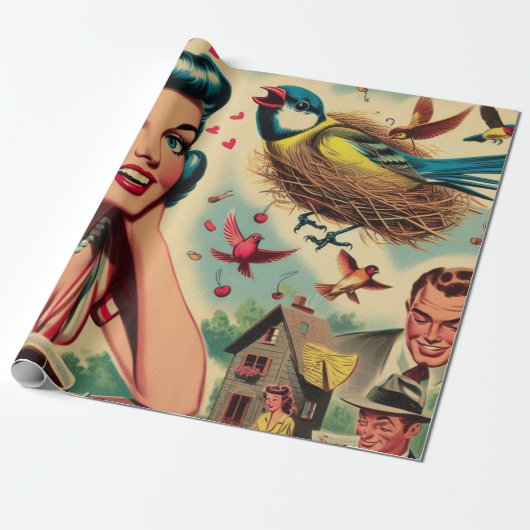 Retro Kitsch 1950s meisje illustratie Cadeaupapier (Uitgerold)