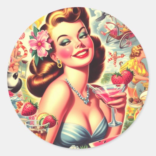 Retro Kitsch Schattige Pinup Ronde Sticker (Voorkant)