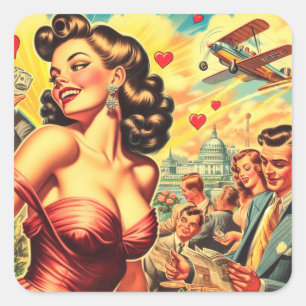 Retro Kitsch Schattigee Pin-up Vierkante Sticker