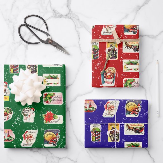 Retro Kitschy Kerst stickers 3 Kleur Inpakpapier Vel (Voorkant)