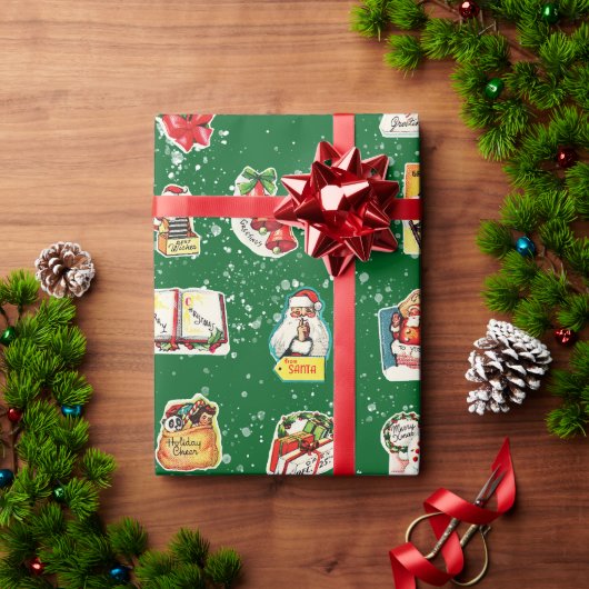  Retro Kitschy Kerst stickers op Groen Cadeaupapier (Feestdagen Geschenken)