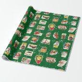  Retro Kitschy Kerst stickers op Groen Cadeaupapier (Uitgerold)