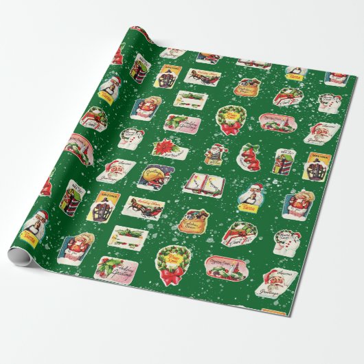  Retro Kitschy Kerst stickers op Groen Cadeaupapier (Uitgerold)