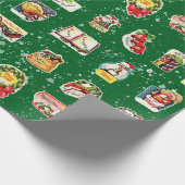 Retro Kitschy Kerst stickers op Groen Cadeaupapier (Hoek)