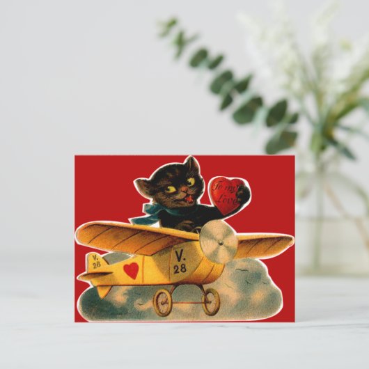 retro kitten in vliegtuig Valentijn Feestdagenkaart (Staand voorkant)