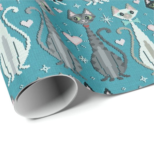 Retro Kitty Cat (faux) Cross Stitch ©studioxtine Cadeaupapier (Rol Hoek)