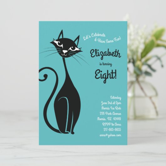 Retro Kitty Cat Kids Birthday Party Kaart (Staand voorkant)