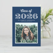 Retro Klas van 2024 Navy Blauwe Foto Afstuderen Kaart (Staand voorkant)