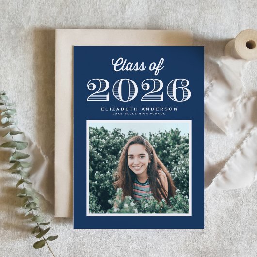 Retro Klas van 2024 Navy Blauwe Foto Afstuderen Kaart