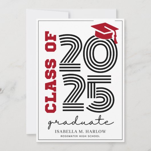 Retro klasse van 2025 rood en zwart Afstudeerder Kaart (Voorkant)