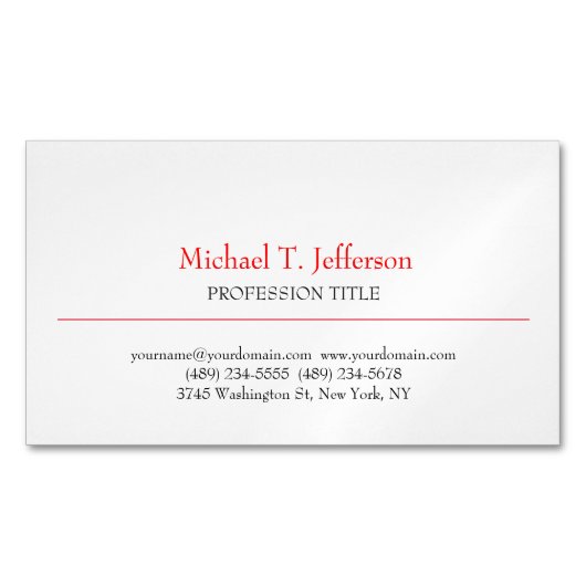 Retro Klassiek Elegant Eenvoudig Rood Wit Magnetisch Visitekaartje (Voorkant)