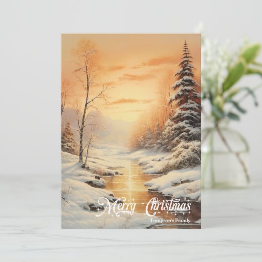 Retro  klassieker gezellige winterberg zonsopgang feestdagenkaart (Staand voorkant)