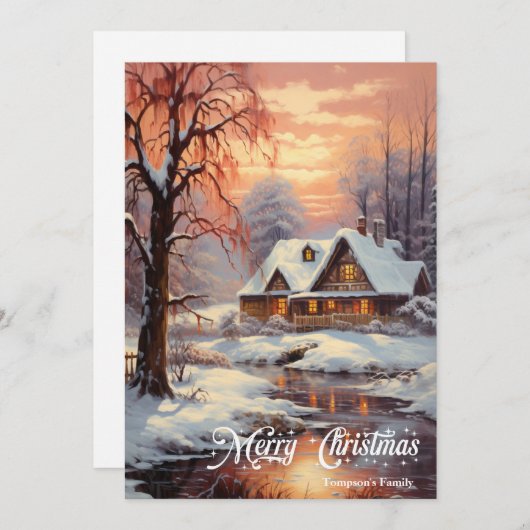 Retro  klassieker gezellige winternachtscène feestdagenkaart (Voorkant / Achterkant)