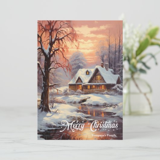 Retro  klassieker gezellige winternachtscène feestdagenkaart (Staand voorkant)