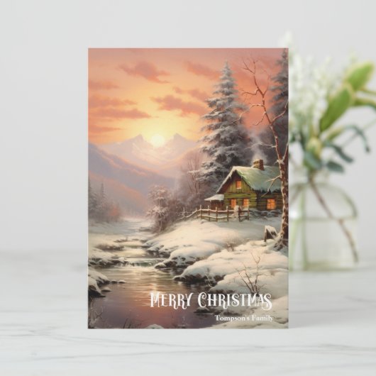 Retro klassieker gezellige winternachtscène feestdagenkaart (Staand voorkant)