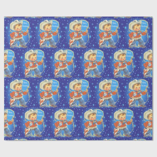 Retro kleine cowboy met touw Vrolijk Kerstfeest Cadeaupapier (Vlak)