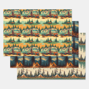 Retro kleuren camping thema inpakpapier vel