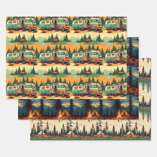 Retro kleuren camping thema inpakpapier vel (Set)