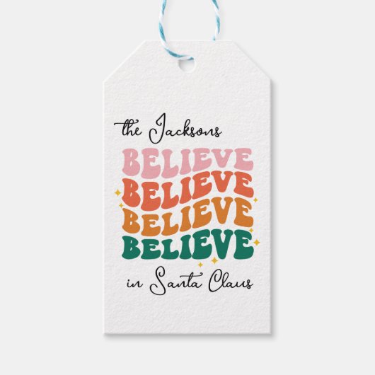 Retro kleuren geloven wij in de Kerstman Cadeaulabel (Voorkant)