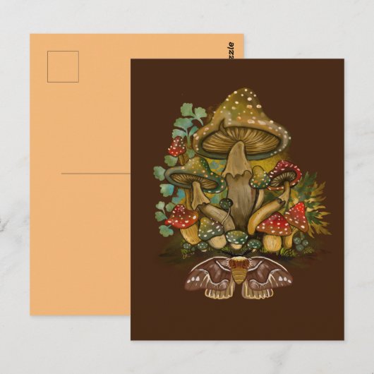 Retro kleuren Mushroom & Moth Art Briefkaart (Voorkant / Achterkant)