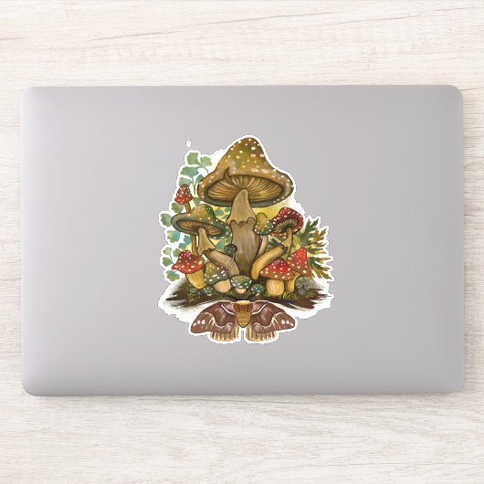 Retro  kleuren Mushroom & Moth Art Sticker (Computer)