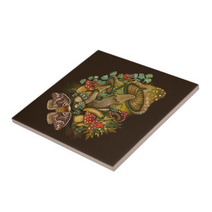 Retro kleuren Mushroom & Moth Art Tegeltje